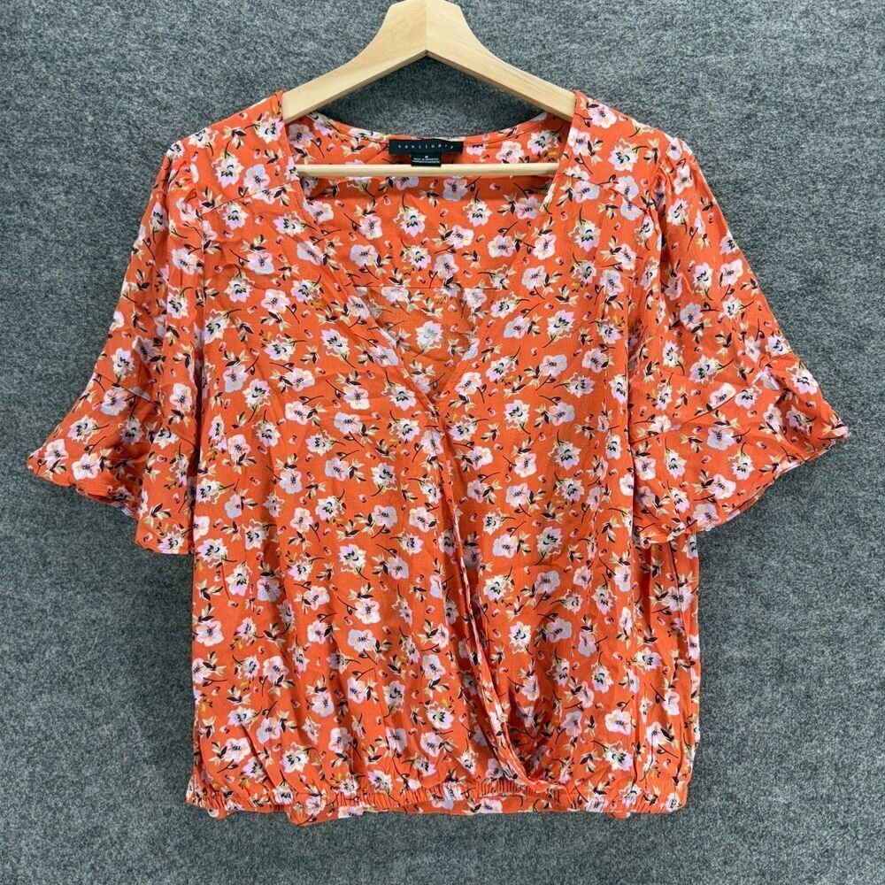 Sanctuary Blouse Women S Small Orange Floral V-Neck Short Sleeve Rayon Casual